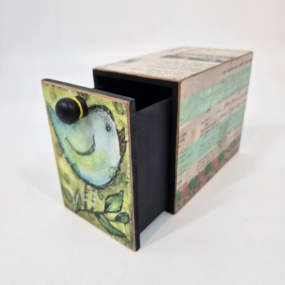 Lisa Kaus Whimsical Bird Print Mini Wooden Drawer Box Desk Storage Collage Words